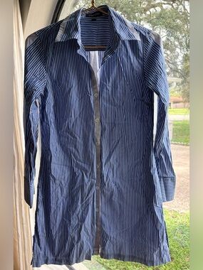 Paperwork Blue/White Striped Button-Down Tunic Shirt